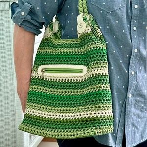 Luxy Crochet Green Striped Shoulder Bag EUC